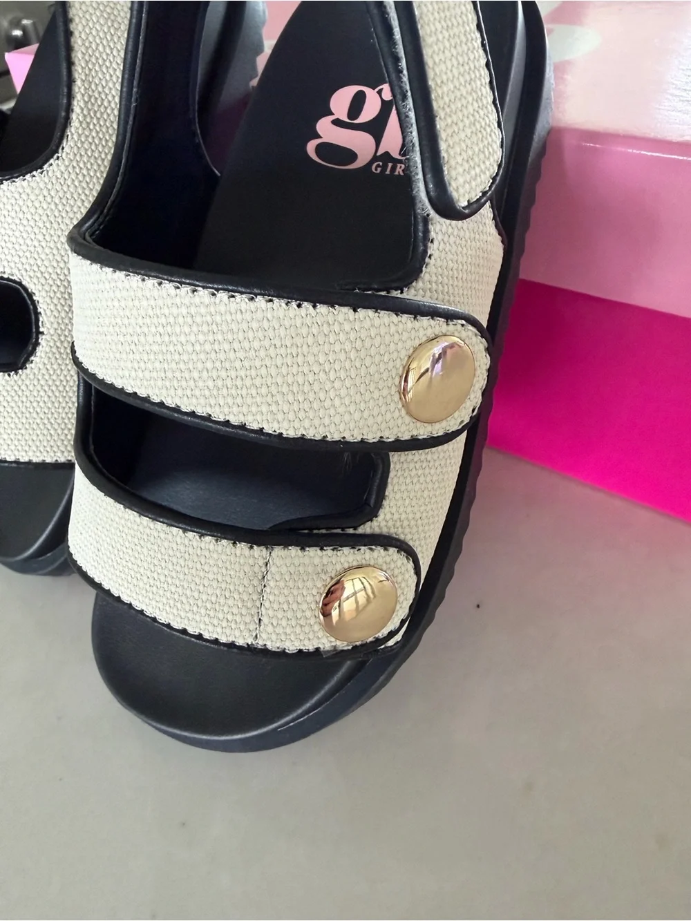 GB Toddler/Girls White Canvas Strap Sandals with Gold Accents Size 10T BWT
